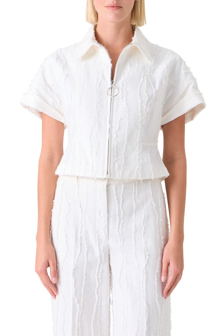 Crop Cotton Fringe Jacquard Zip Jacket, Main, color, CREAM