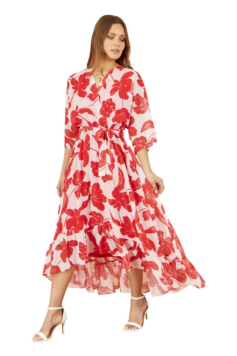 Midi Dip Hem Wrap Dress, Main, color, Red