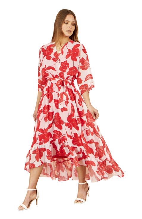 Kimono Sleeves Midi Dip Hem Wrap Dress