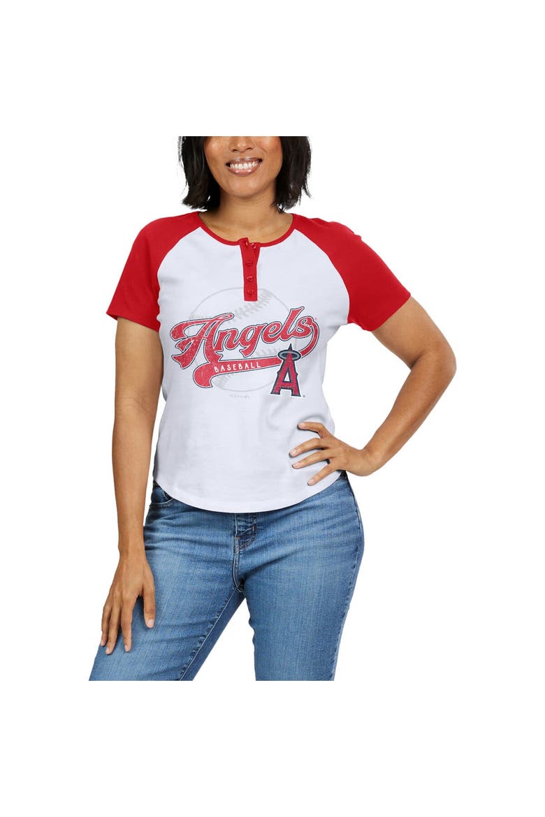 Women's WEAR by Erin Andrews White/Red Los Angeles Angels Henley Raglan T-Shirt, Alternate, color, White