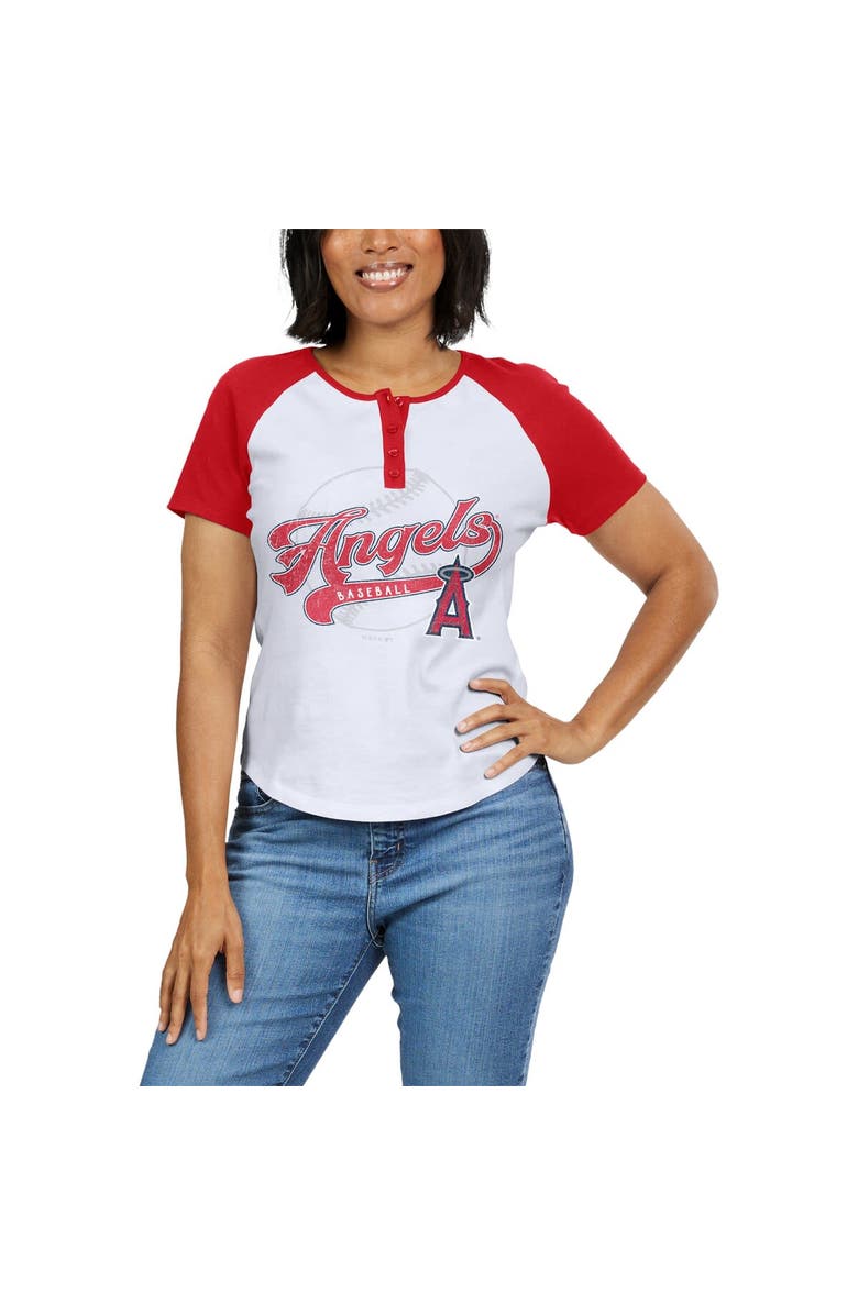 WEAR by Erin Andrews Women's WEAR by Erin Andrews White/Red Los Angeles Angels Henley Raglan T-Shirt, Alternate, color, 