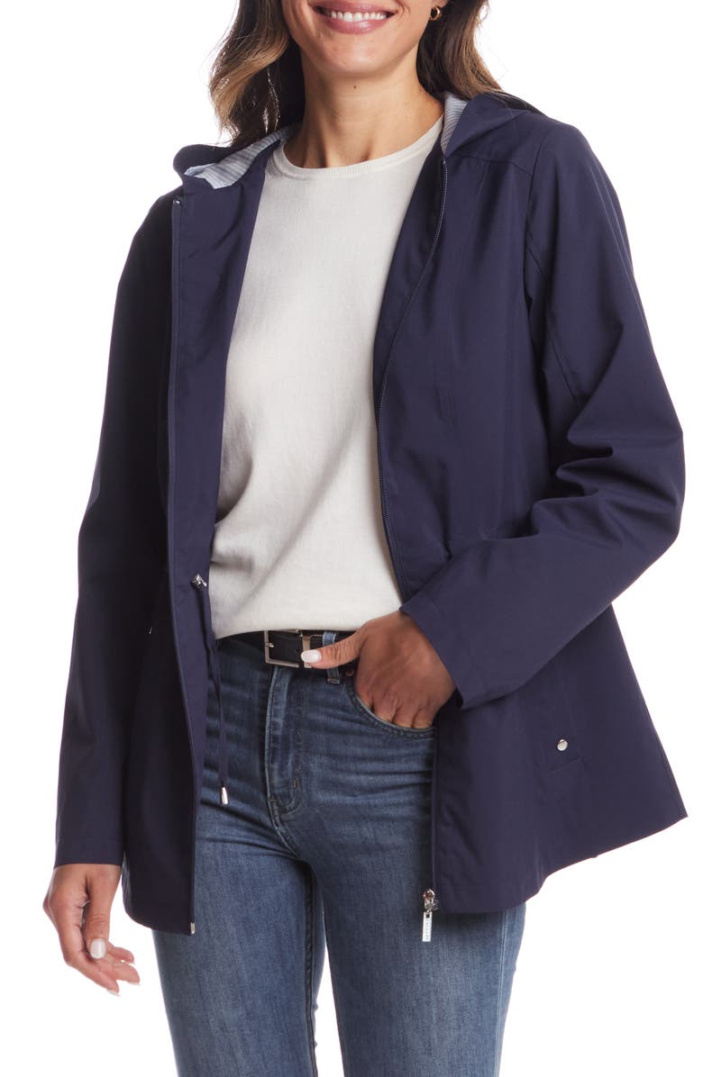 Gallery Water Resistant Hooded Raincoat, Main, color, Navy