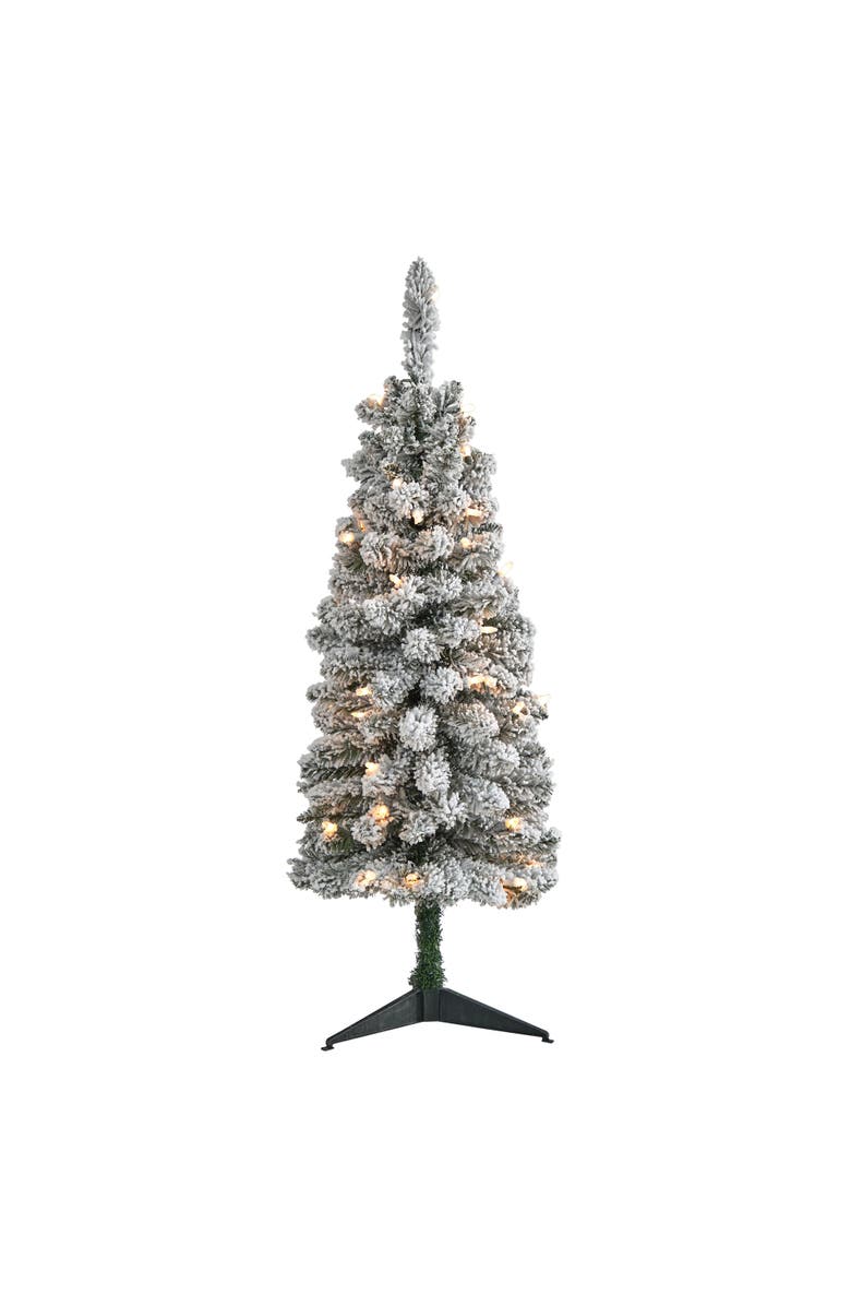 NEARLY NATURAL 3-ft Flocked Pencil Artificial Christmas Tree with 50 Clear Lights and 132 Bendable Branches, Main, color, White