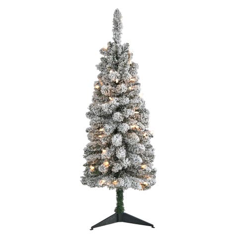 3-ft Flocked Pencil Artificial Christmas Tree with 50 Clear Lights and 132 Bendable Branches