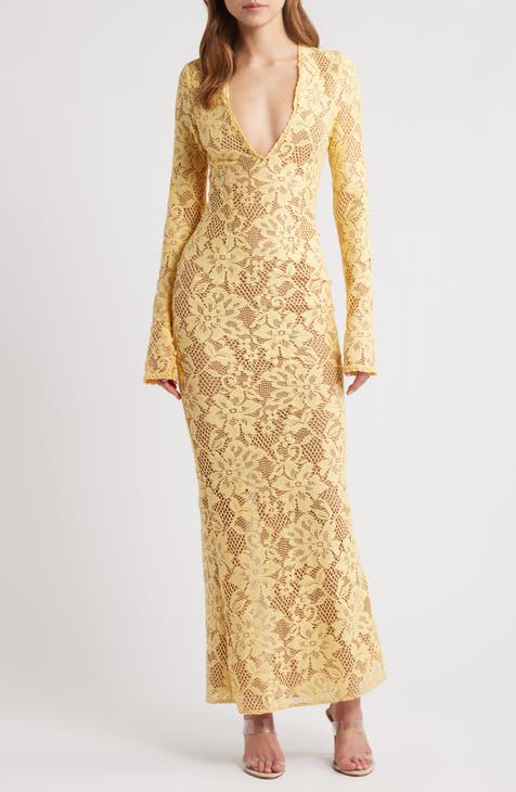 Yellow Gold Flutter Sleeve Lace hot Panel Maxi Dress NEW