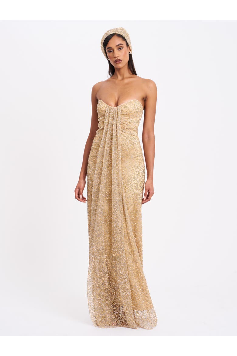 Ada Rhinestone Embellished Strapless Gown with Head Scarf, Alternate, color, YELLOW