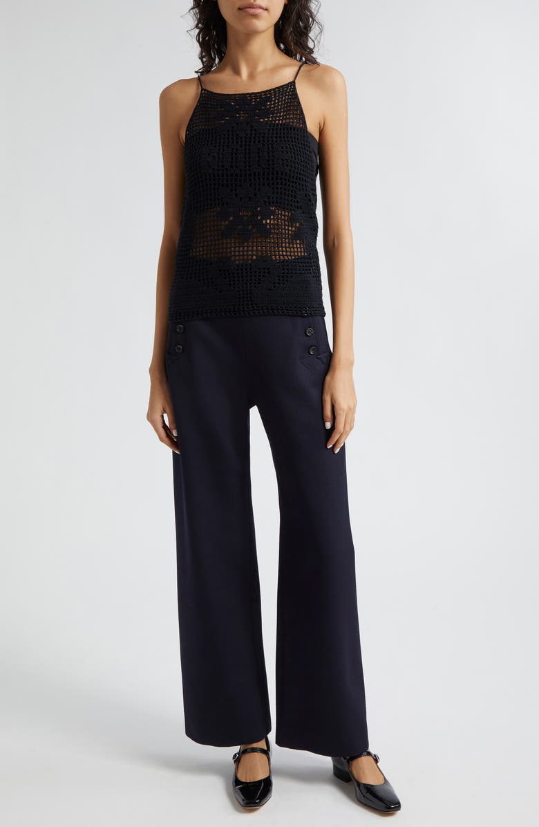 Bode Mansfield Logo Cotton & Linen Crochet Camisole, Alternate, color, Black