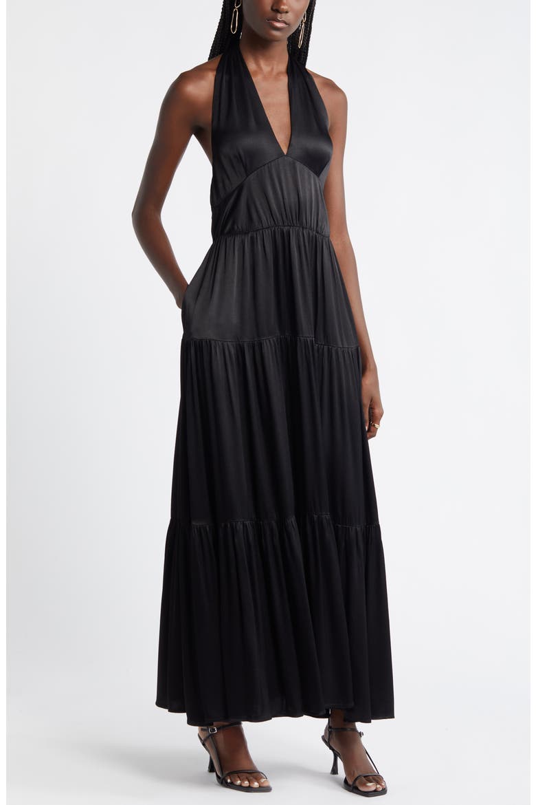 Tiered Satin Halter Maxi Dress, Main, color, BLACK
