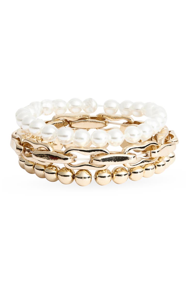 Set of 3 Faux Pearl & Chain Bracelets, Main, color, GOLD/ IVORY
