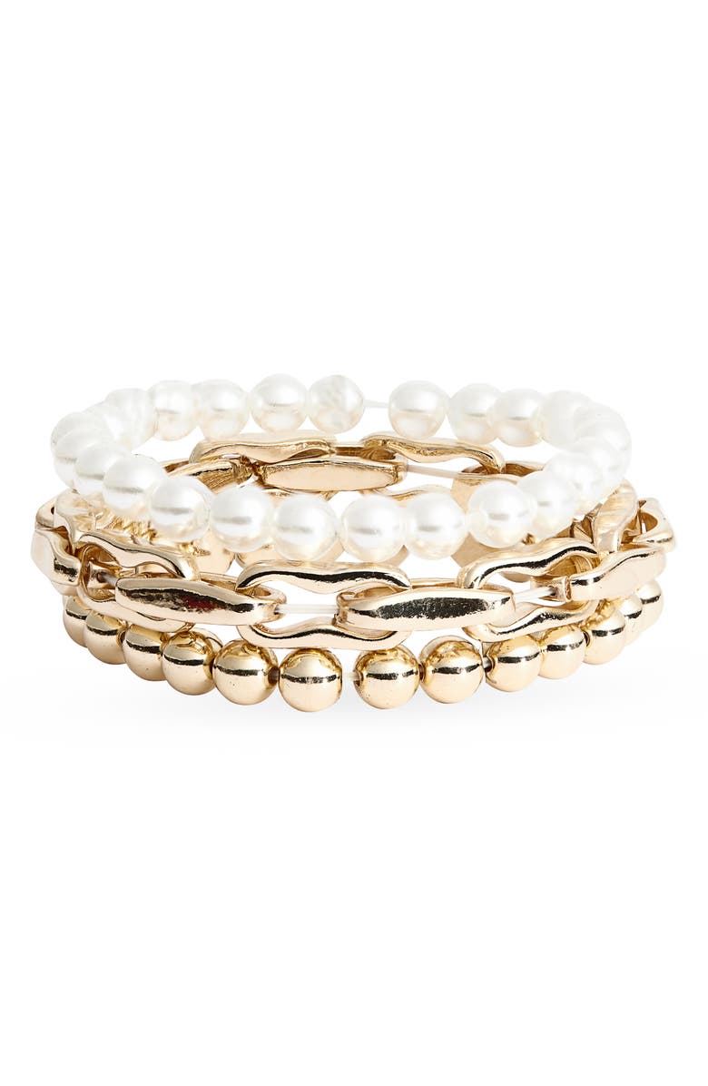 Cara Set of 3 Faux Pearl & Chain Bracelets, Main, color, Gold/ Ivory