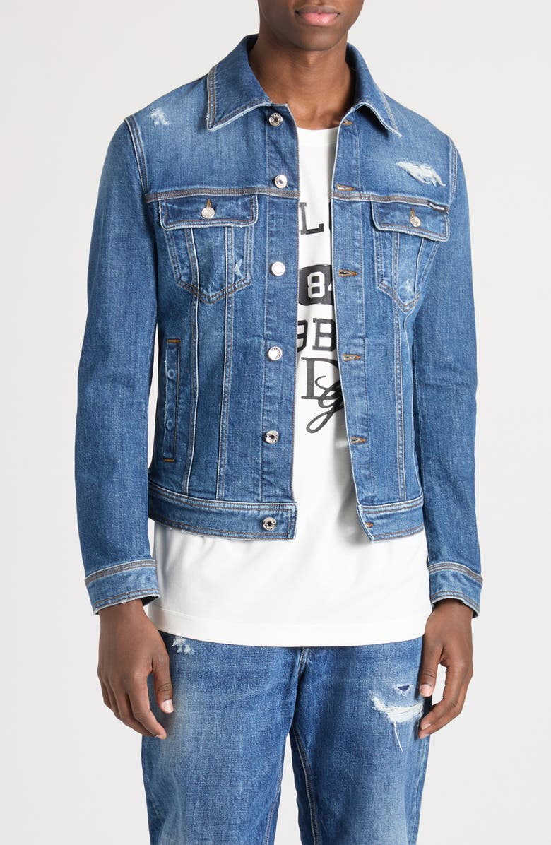 Dolce&Gabbana Distressed Stretch Denim Trucker Jacket, Main, color, 