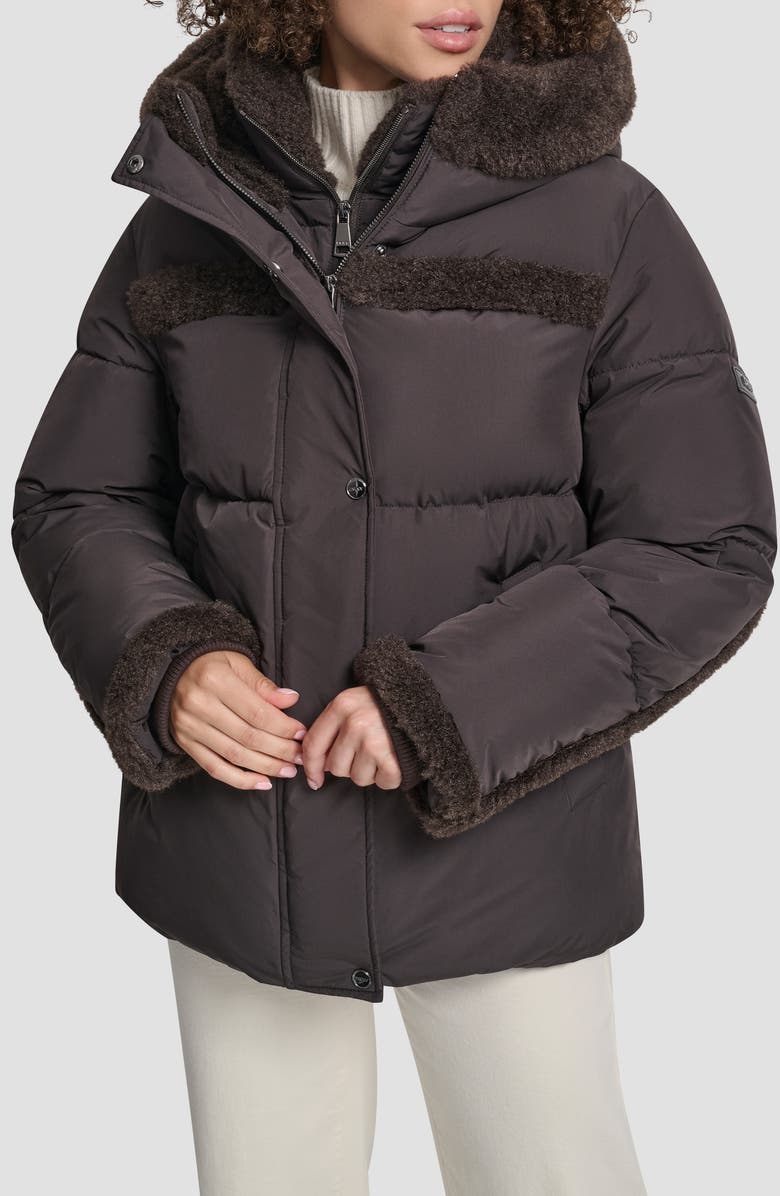 DKNY Faux Fur Spill Hooded Puffer Jacket, Main, color, Bitter