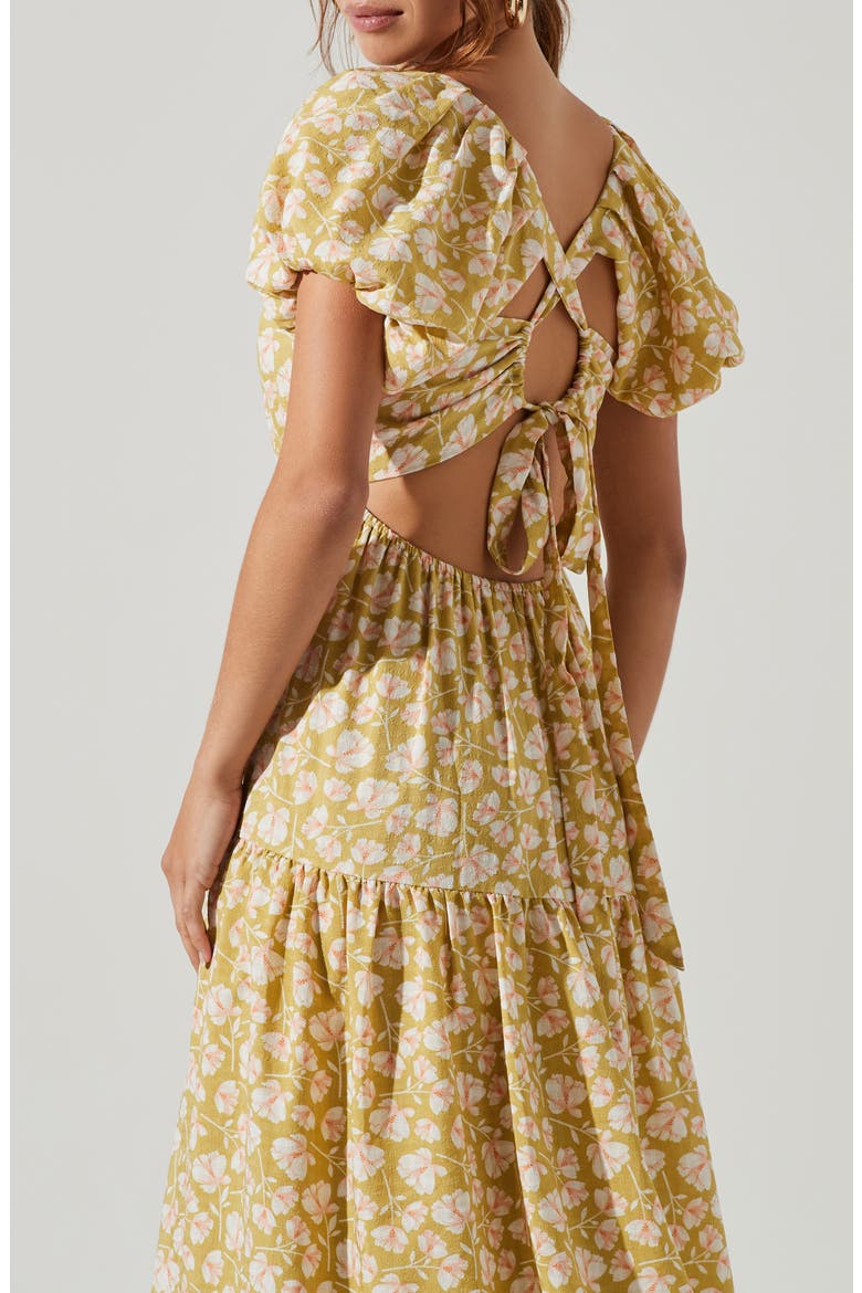 Puff Sleeve Floral Cotton Midi Dress, Alternate, color, OLIVE PEACH FLORAL
