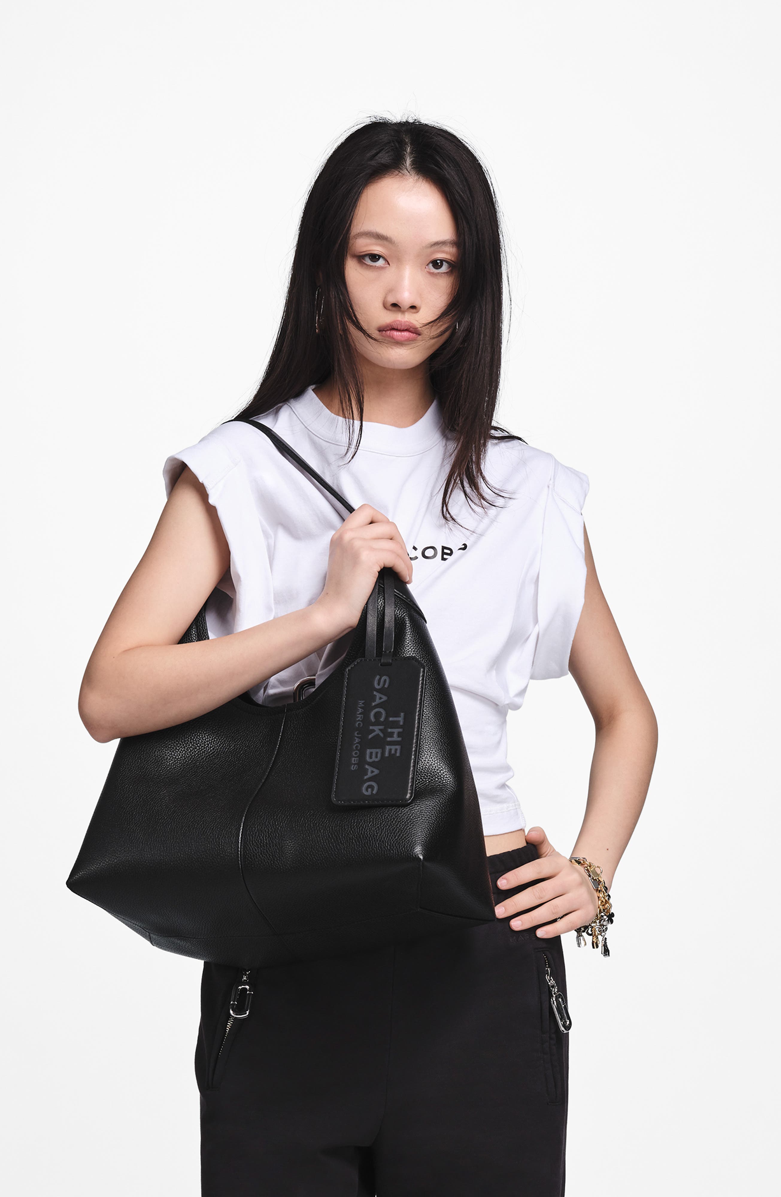 The Belted Sack Leather Shoulder Bag, Alternate, color, BLACK
