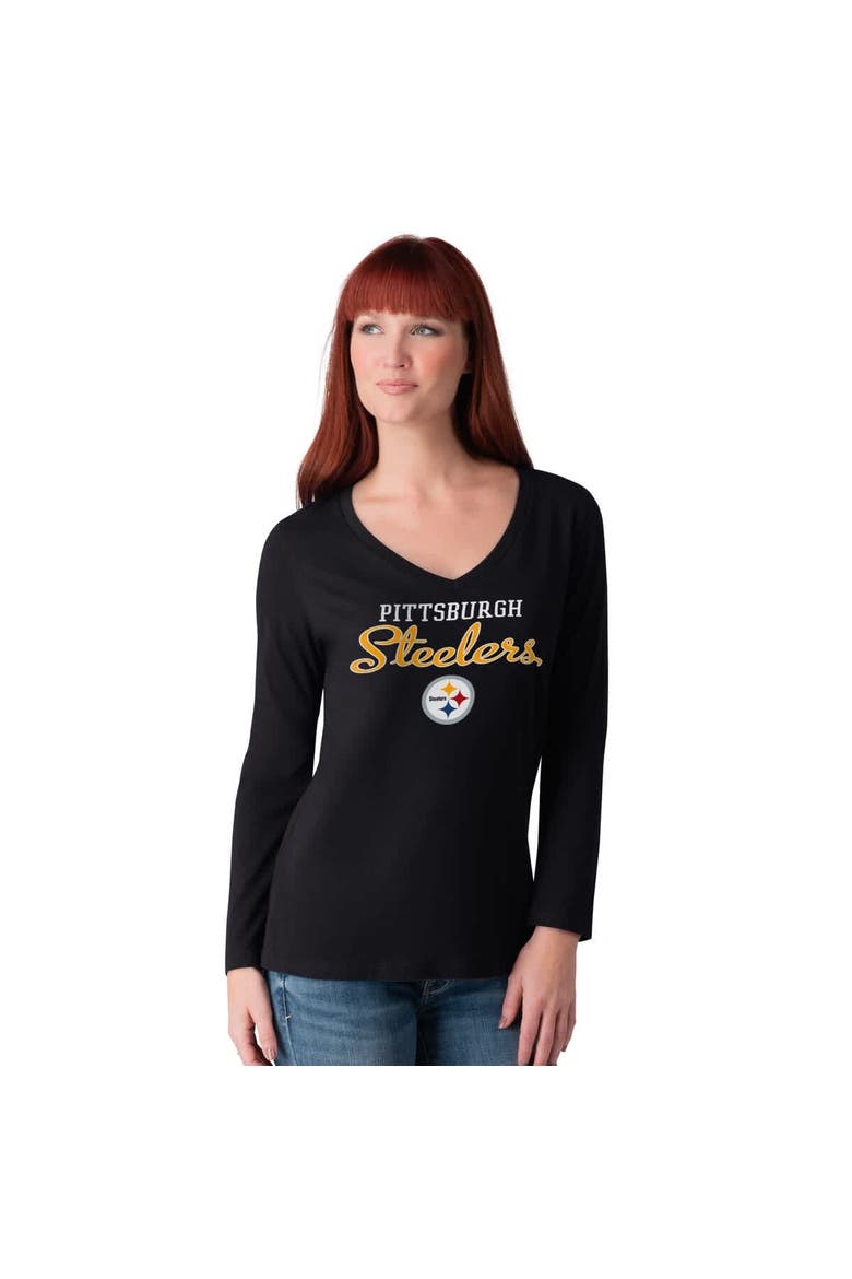 Women's G-III 4Her by Carl Banks Black Pittsburgh Steelers Post Season Long Sleeve V-Neck T-Shirt, Alternate, color, Black