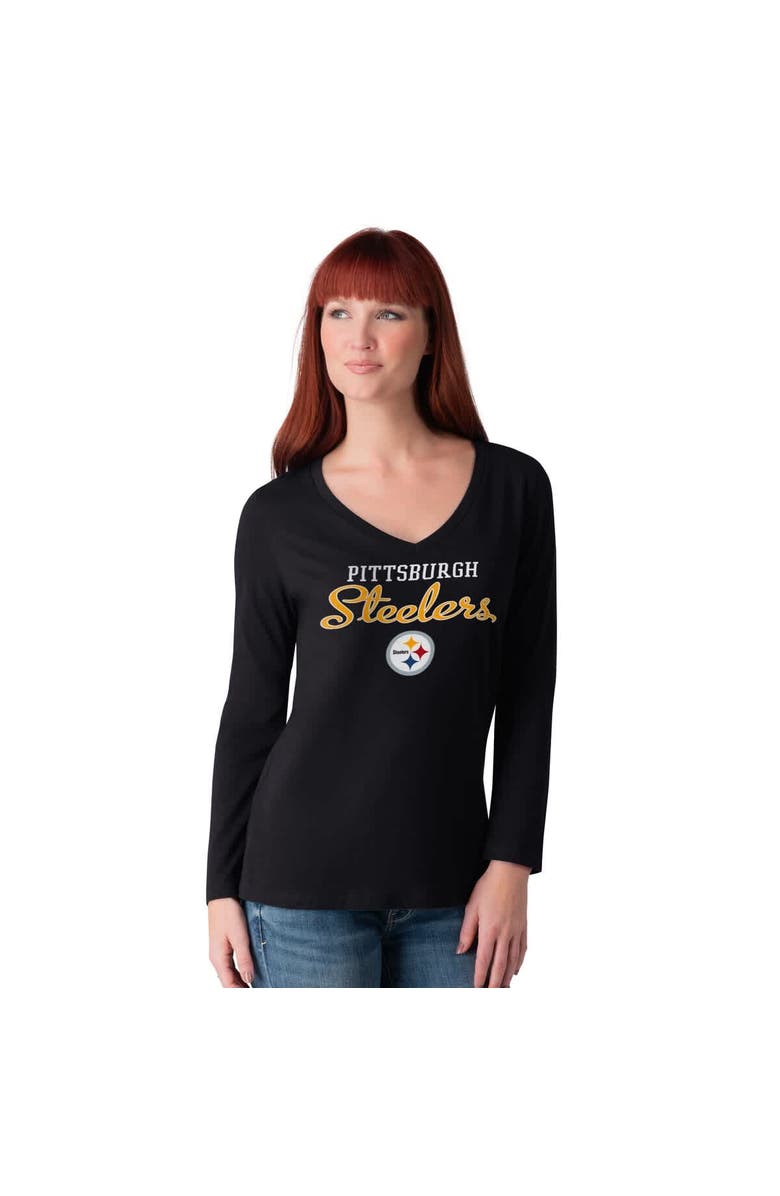 G-III 4HER BY CARL BANKS Women's G-III 4Her by Carl Banks Black Pittsburgh Steelers Post Season Long Sleeve V-Neck T-Shirt, Alternate, color, Black