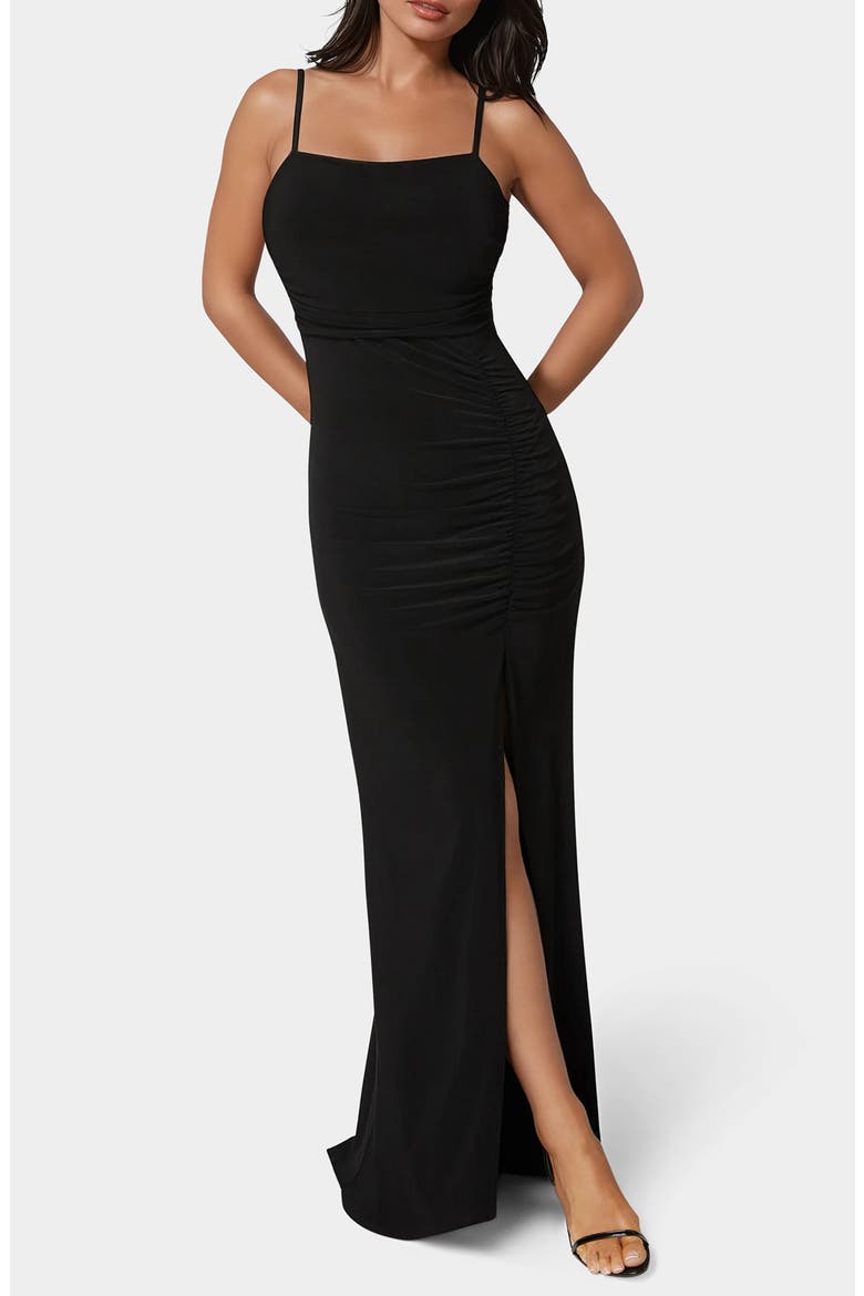 Ruched High Slit Maxi Dress, Main, color, BLACK