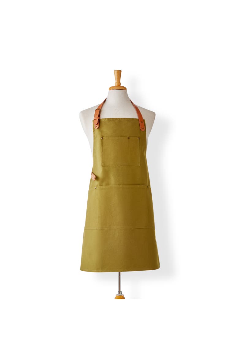 Everyday Utility Apron Olive 100% Cotton Canvas PU Leather Strap 28x32 in, Main, color, Green