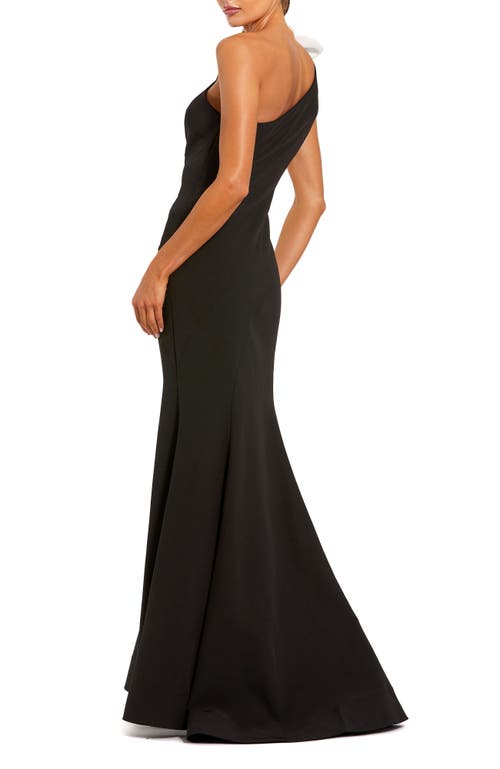 Mac Duggal Crepe One Shoulder Mermaid With 3d Flower Gown In Black