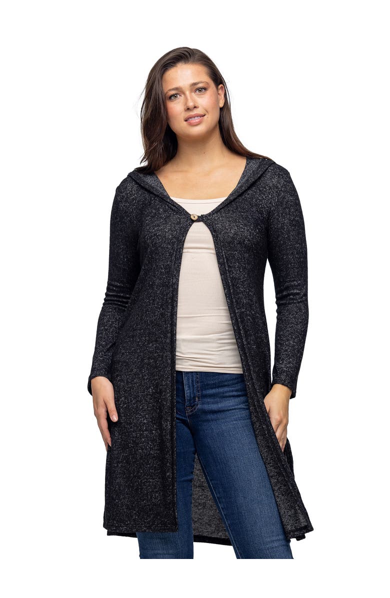 24seven Comfort Apparel Knee Length Long Sleeve Hooded Womens Cardigan Shrug, Main, color, Black