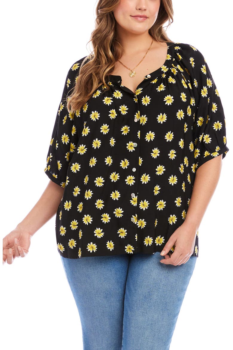 Floral Button-Up Peasant Top, Main, color, BLACK/ FLORAL PRINT