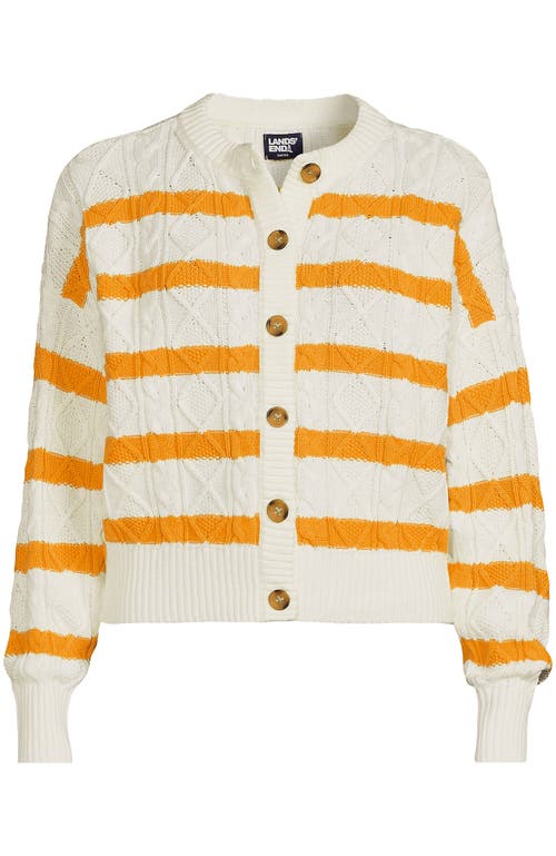 Lands' End Drifter Relaxed Cable Cardigan Sweater In Ivory/sweet Mango Gulf Stripe