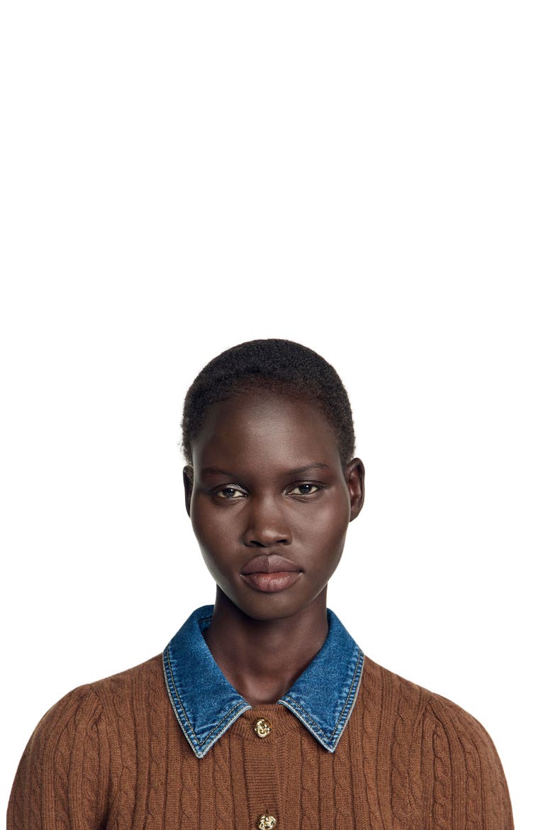Cardigan with detachable denim collar, Alternate, color, Brown