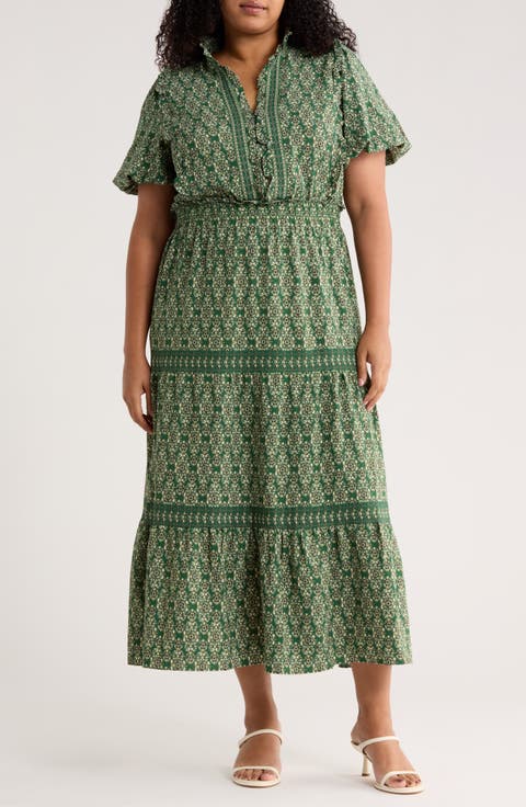 Bubble Sleeve Tiered Maxi Dress (Plus)