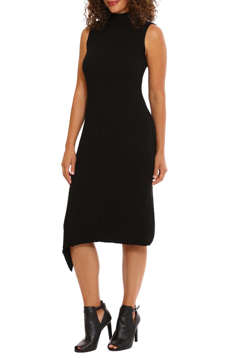 London Times Mock Neck Asymmetric Hem Sweater Dress, Alternate, color, Black