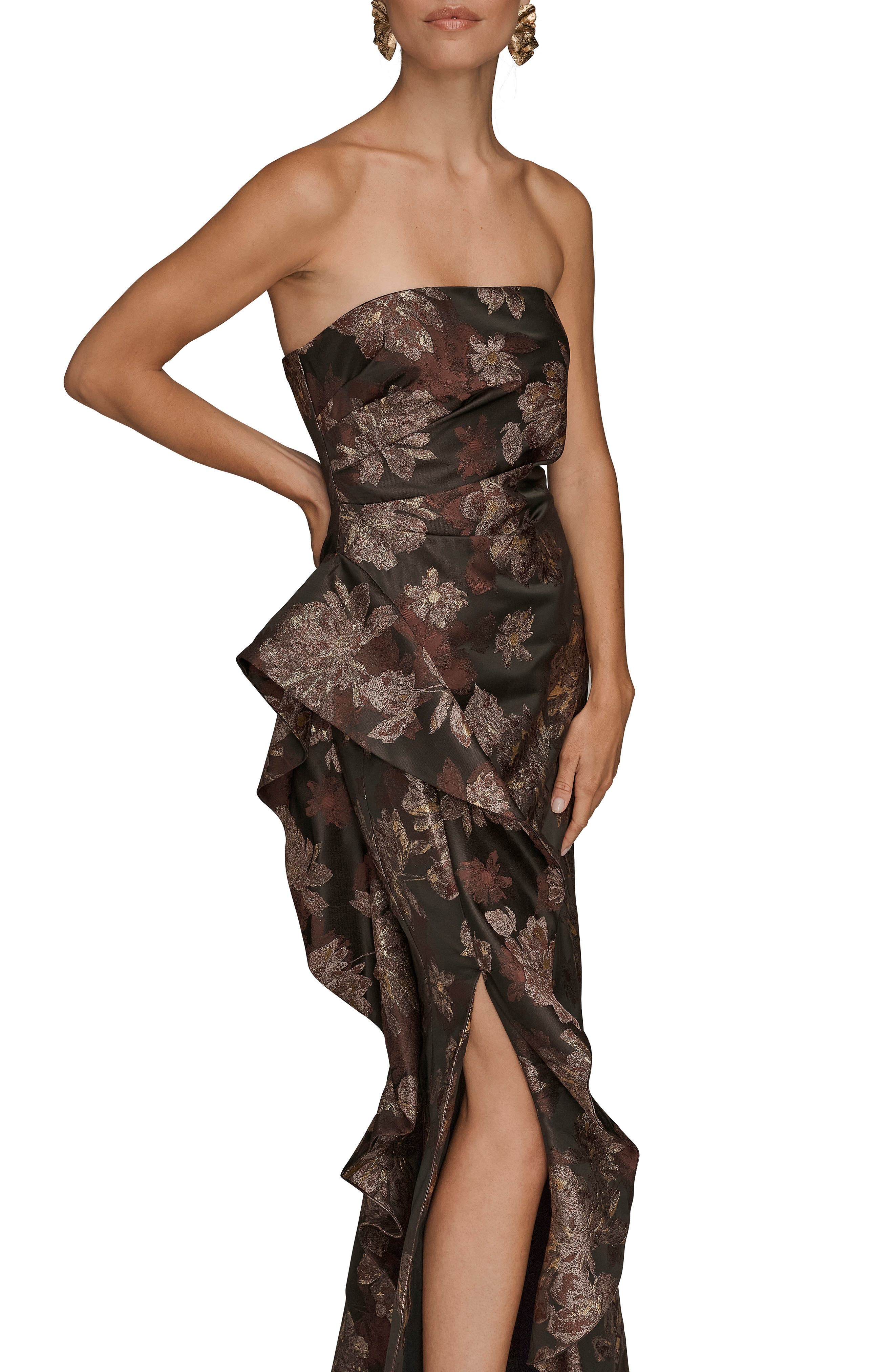 calvin klein women's strapless metallic jacquard formal dress Donna Karan Women's Floral Brocade Strapless Ruffle Gown in Chocolate Plum Multi
