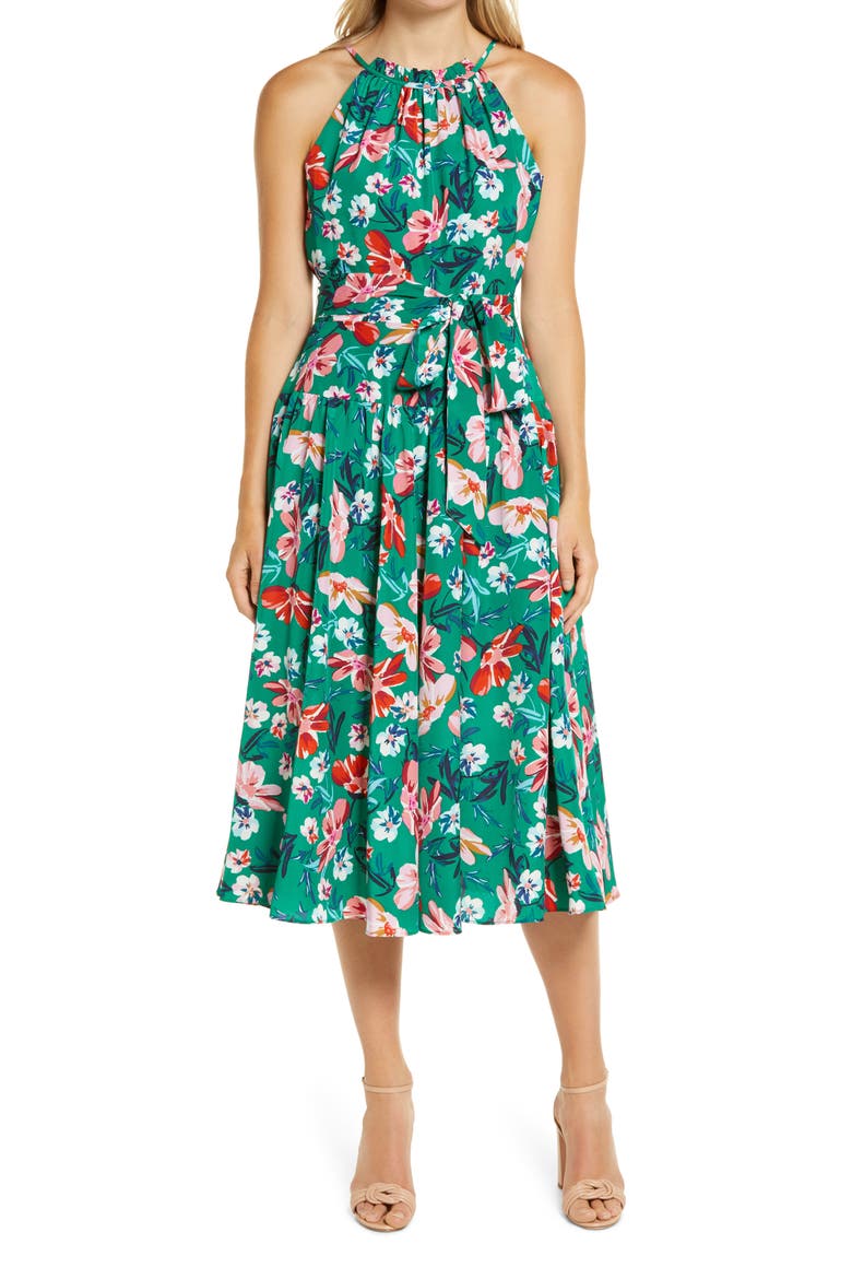 Floral Print Halter Neck Belted Dress, Main, color, GREEN