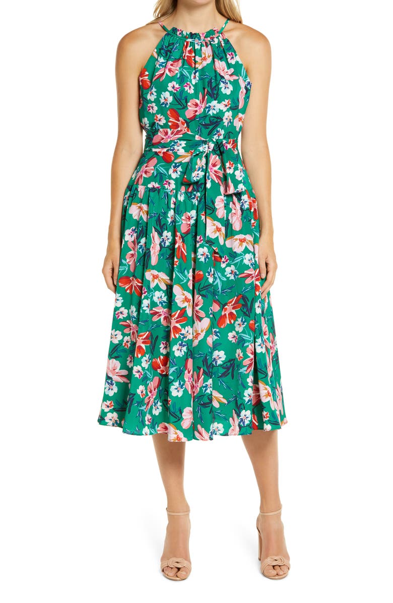 Eliza J Floral Print Halter Neck Belted Dress, Main, color, 