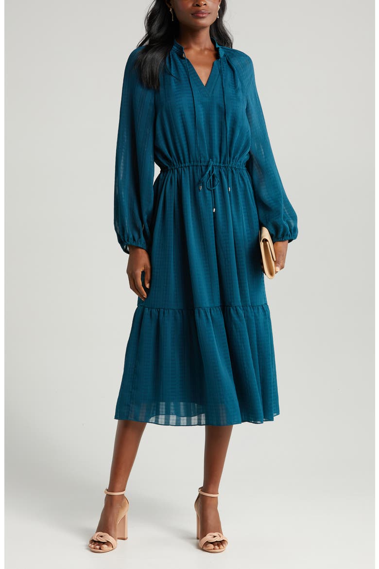 Mandarine Long Sleeve Tiered Midi Dress, Main, color, TEAL