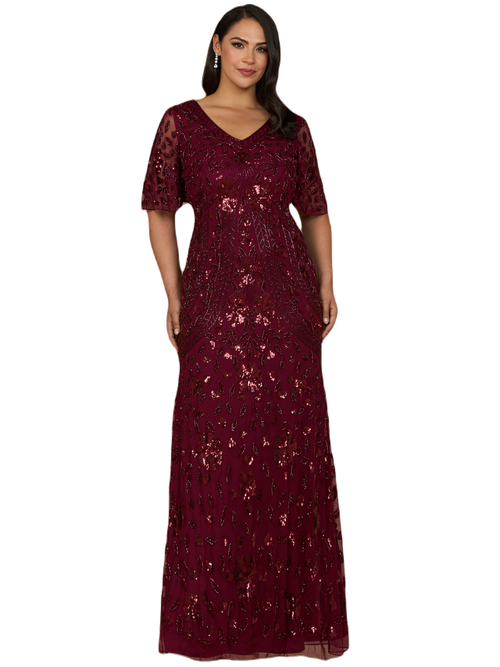 Lara New York V-neck, Cape Sleeve Beaded Gown In Wine