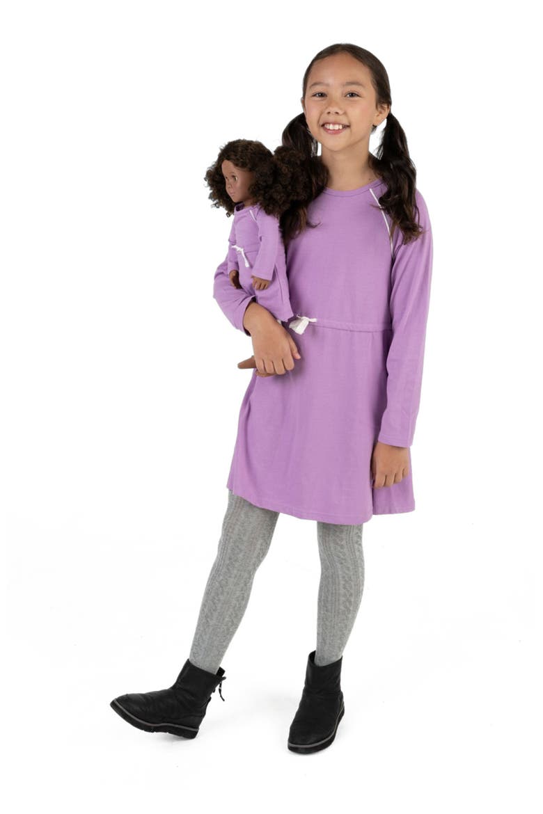 Girls Bow Tie Dress with Matching Doll Dress, Alternate, color, PURPLE
