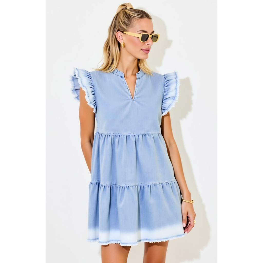 Modenaire Tiered Denim Mini Dress With Ruffle Sleeves And Frayed Hem In Blue