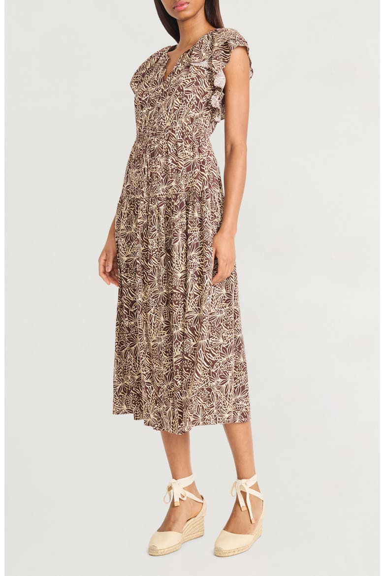 Ruffle Cap Sleeve Midi Dress, Alternate, color, BROWN/ IVORY