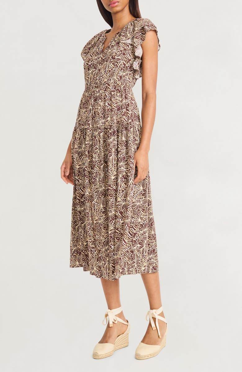 The Good Journey Ruffle Cap Sleeve Midi Dress, Alternate, color, Brown/ Ivory