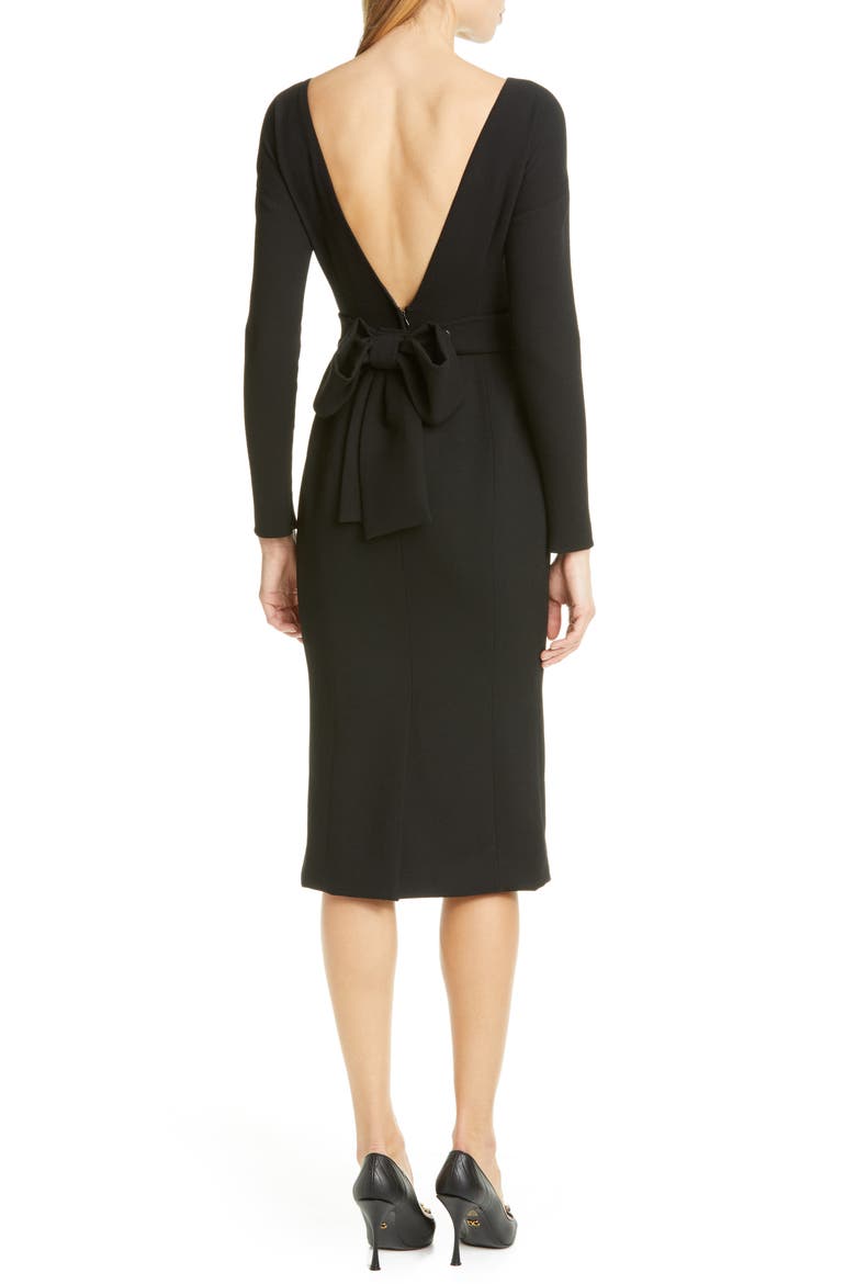 Bow Back Long Sleeve Wool Blend Crepe Dress, Alternate, color, BLACK