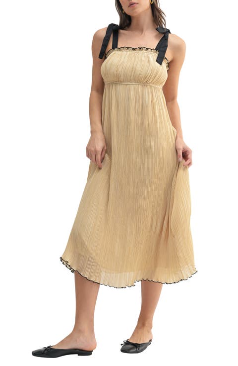 Tie Strap Empire Waist Plisse Midi Dress