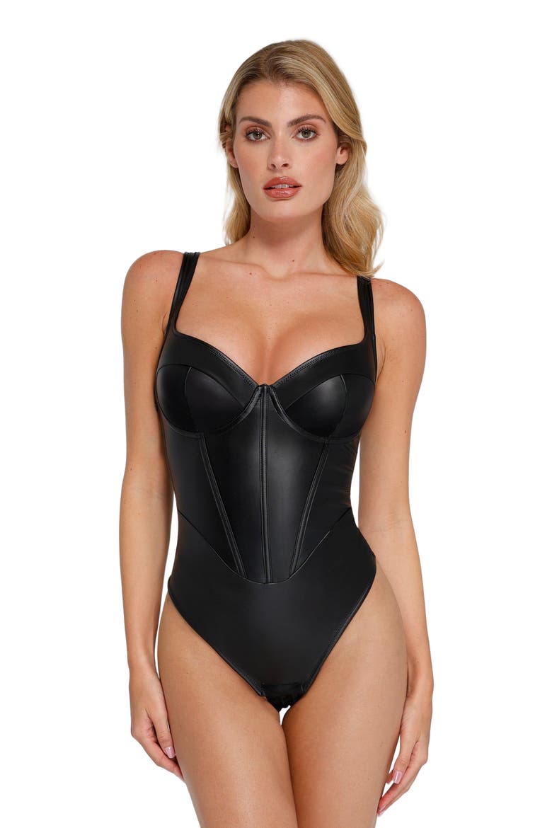 Shapewear Faux Leather Hourglass Corset Bodysuit, Main, color, Standard Black