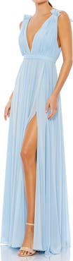 Mac Duggal Petite Sleeveless Pleated Chiffon V-Neck Gown