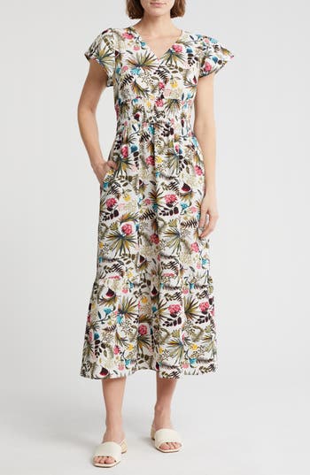 MELROSE AND MARKET MELROSE AND MARKET FLUTTER SLEEVE SMOCKED WAIST MIDI DRESS