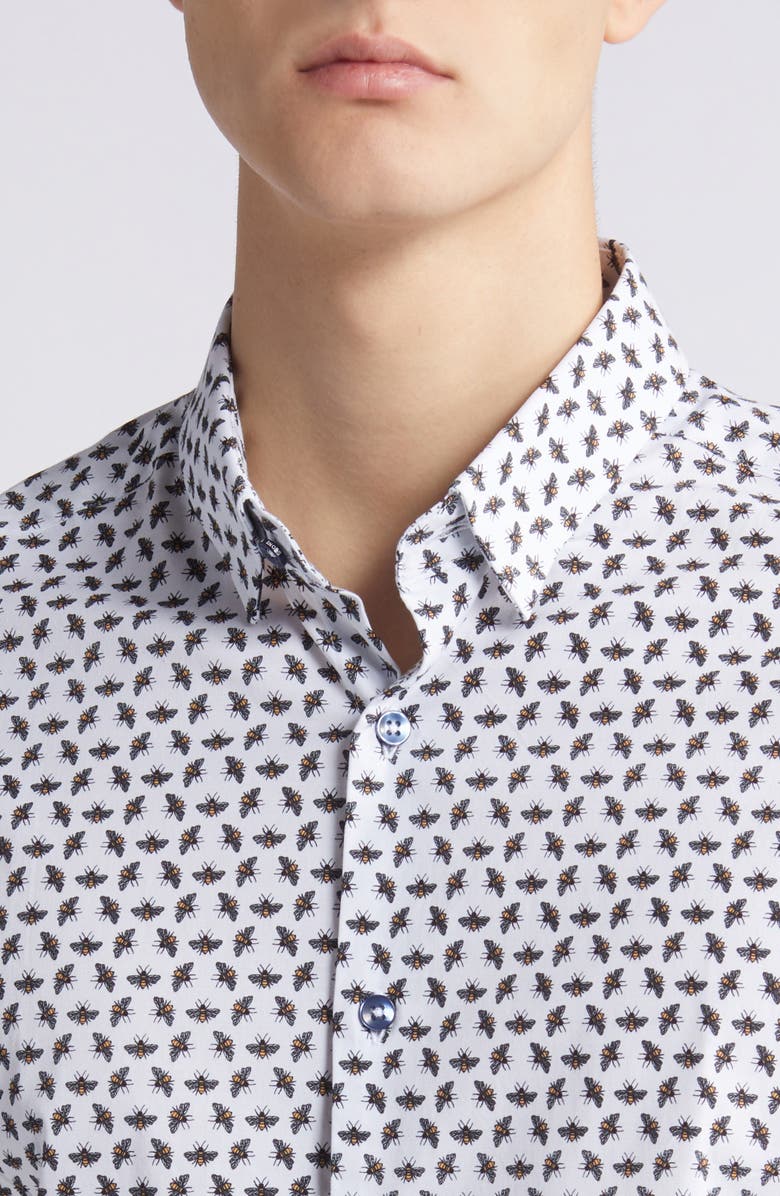 Stone Rose Bee Print Short Sleeve Stretch Button-Up Shirt, Alternate, color, 
