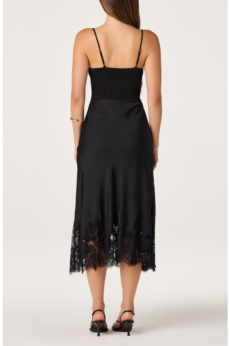 Abrianna Lace Trim Satin Midi Dress, Alternate, color, BLACK