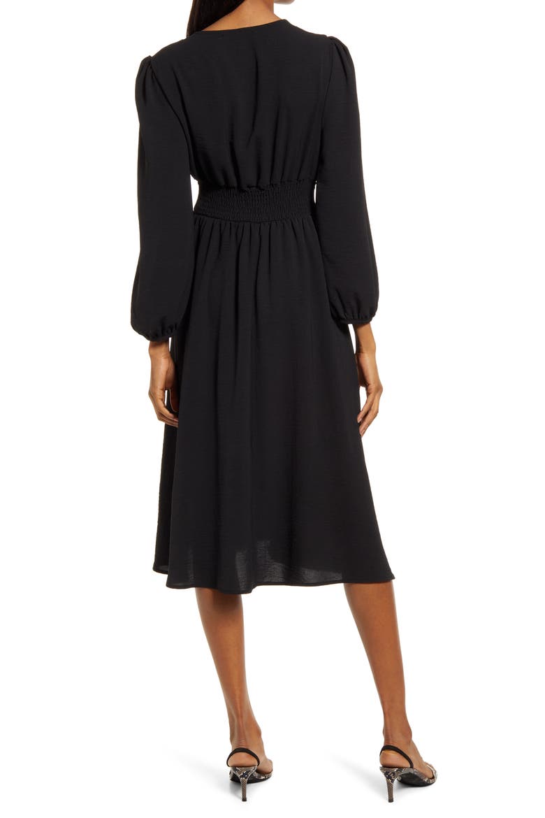 Empire Waist Long Sleeve Midi Dress, Alternate, color, BLACK