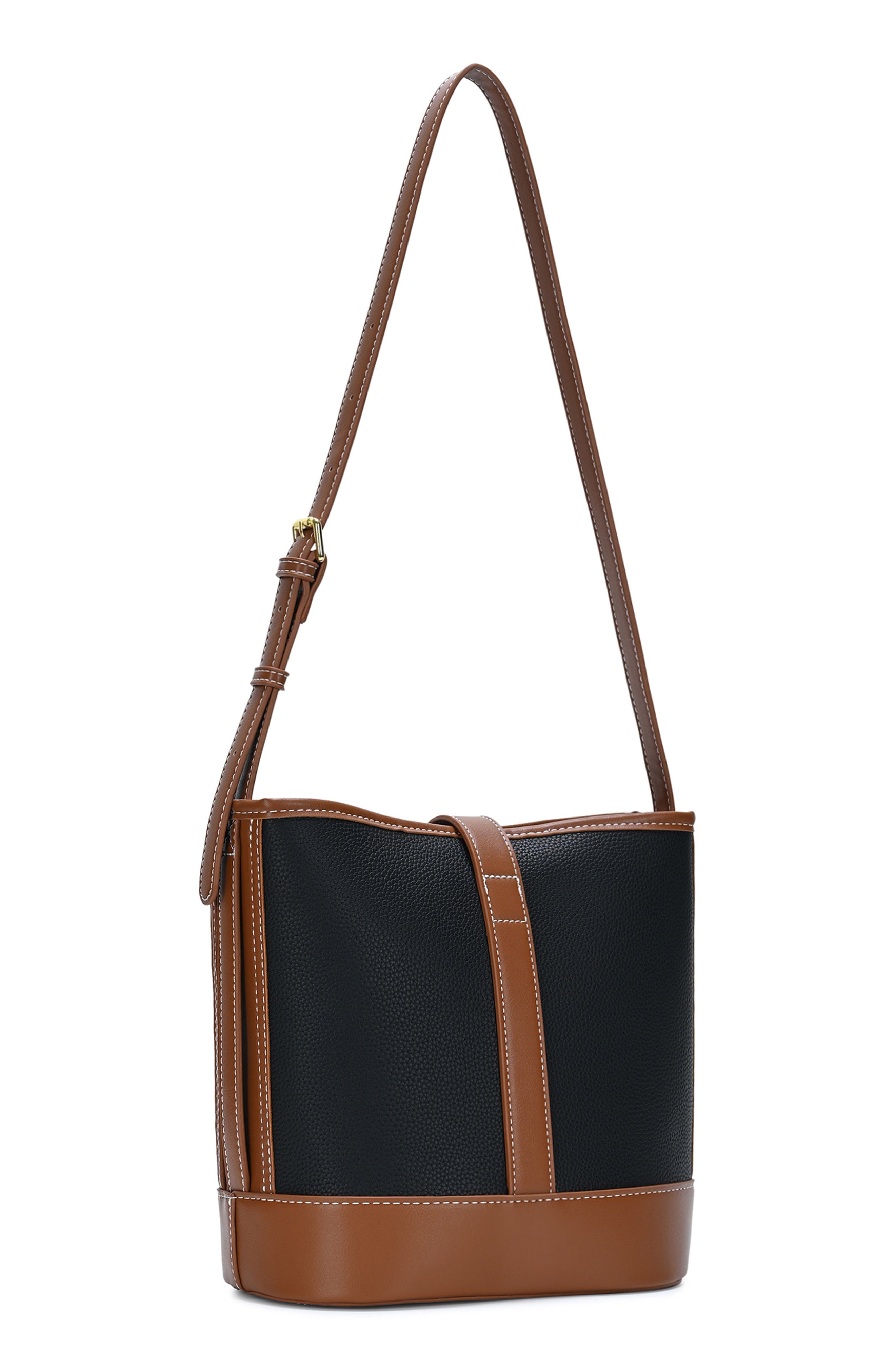 Two Tone Faux Leather Bucket Bag, Alternate, color, BLACK