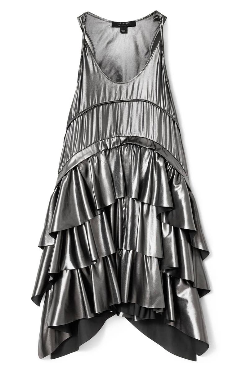 AllSaints Ruffle Racerback Tank Dress, Alternate, color, Metallic Silver