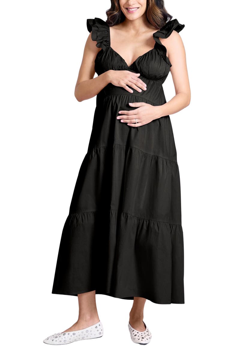 MOTHERHOOD MATERNITY Ruffle Sleeve Tie-Back Maternity Maxi Dress, Main, color, Black