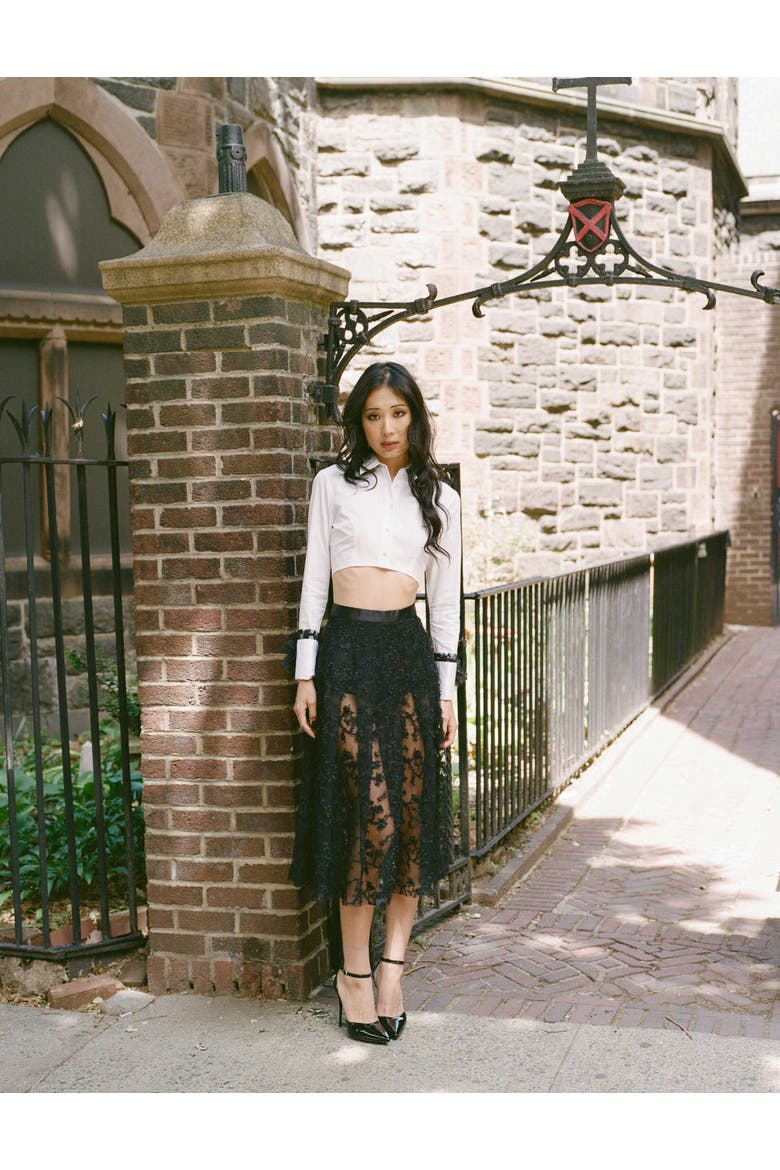 Raven Lace Satin-Trim Skirt, Alternate, color, Black